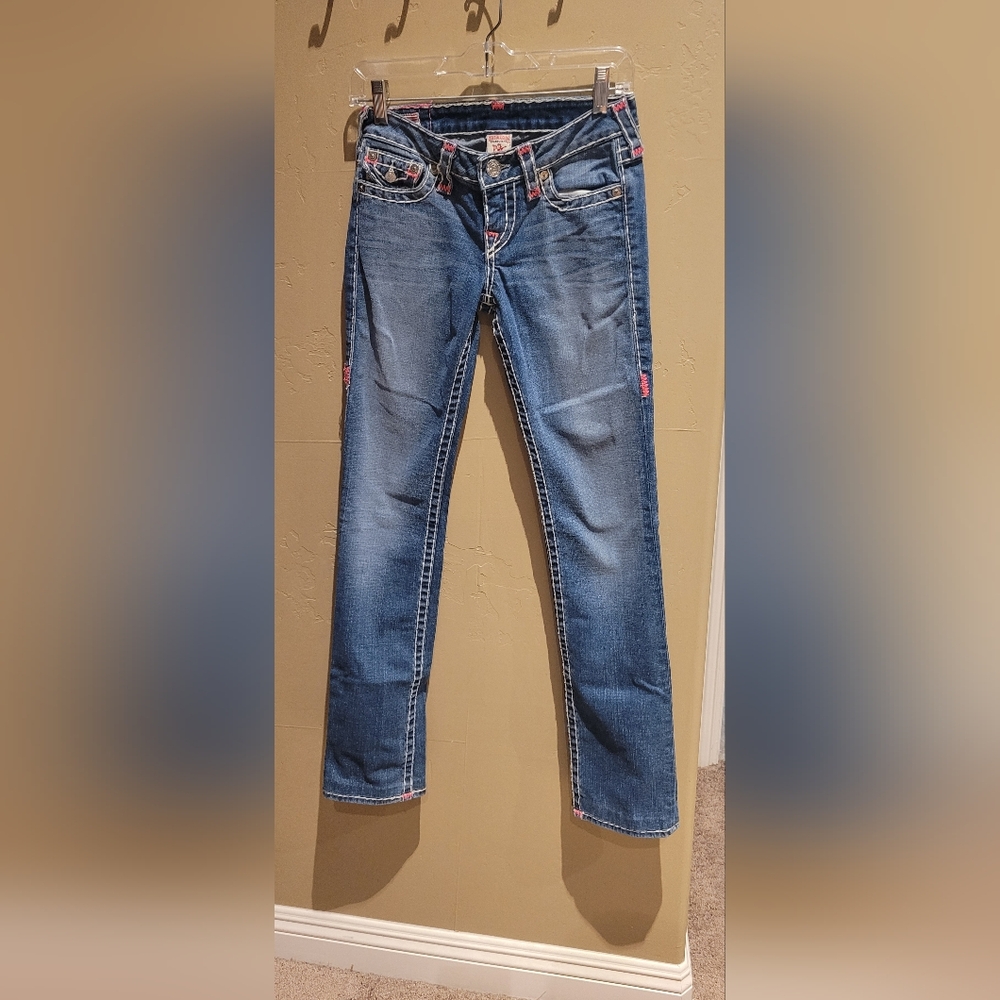 Blue True Religion jeans.
